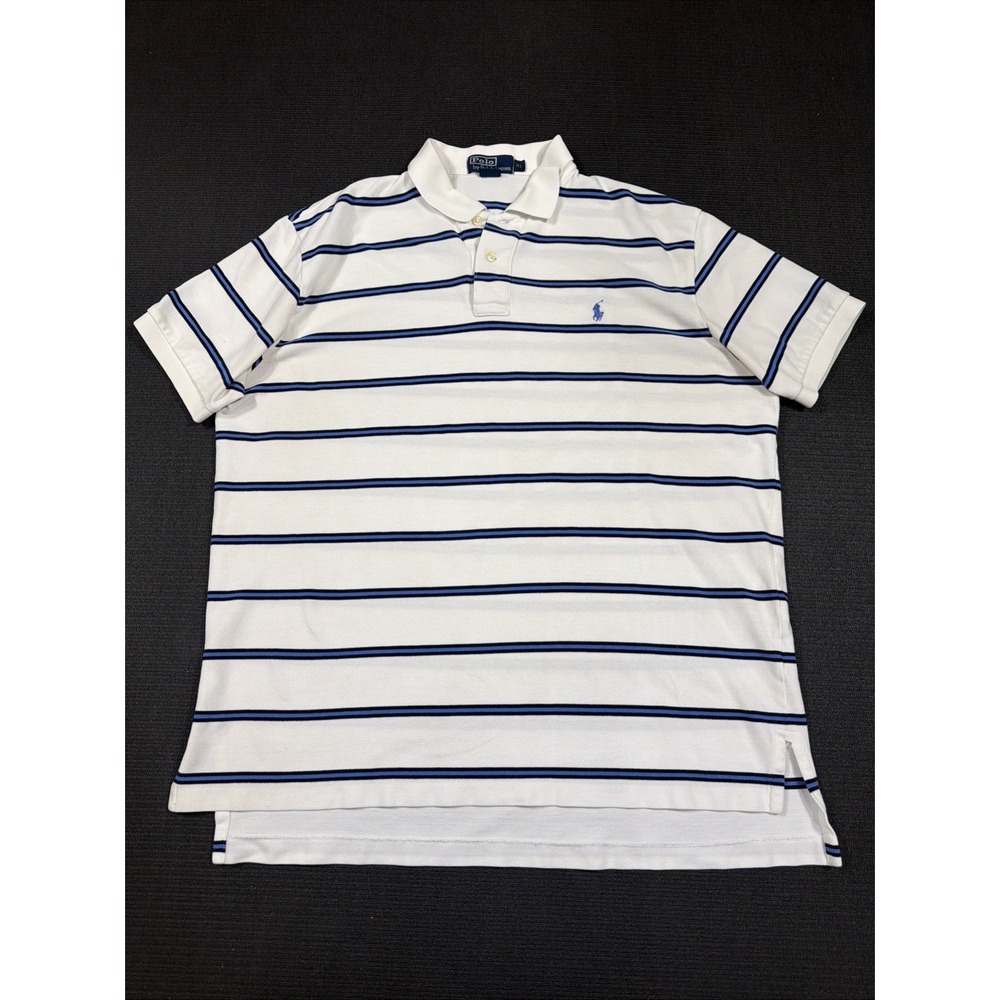 Polo Ralph Lauren Polo Shirt Men XL White Blue Striped Classic Pony Casual